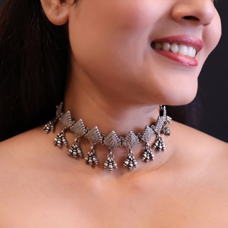 925 Silver Hammered choker necklace| Antique Silver Necklace – Joharcart